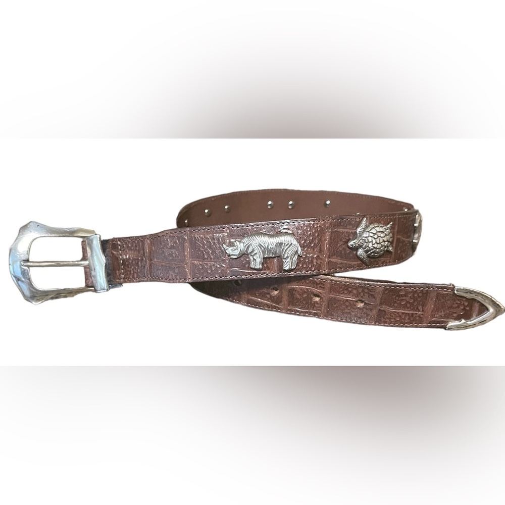 HONEST BY BRIGHTON Brown CROC EMBOSSED Leather Belt Silver Endangered Animals 28